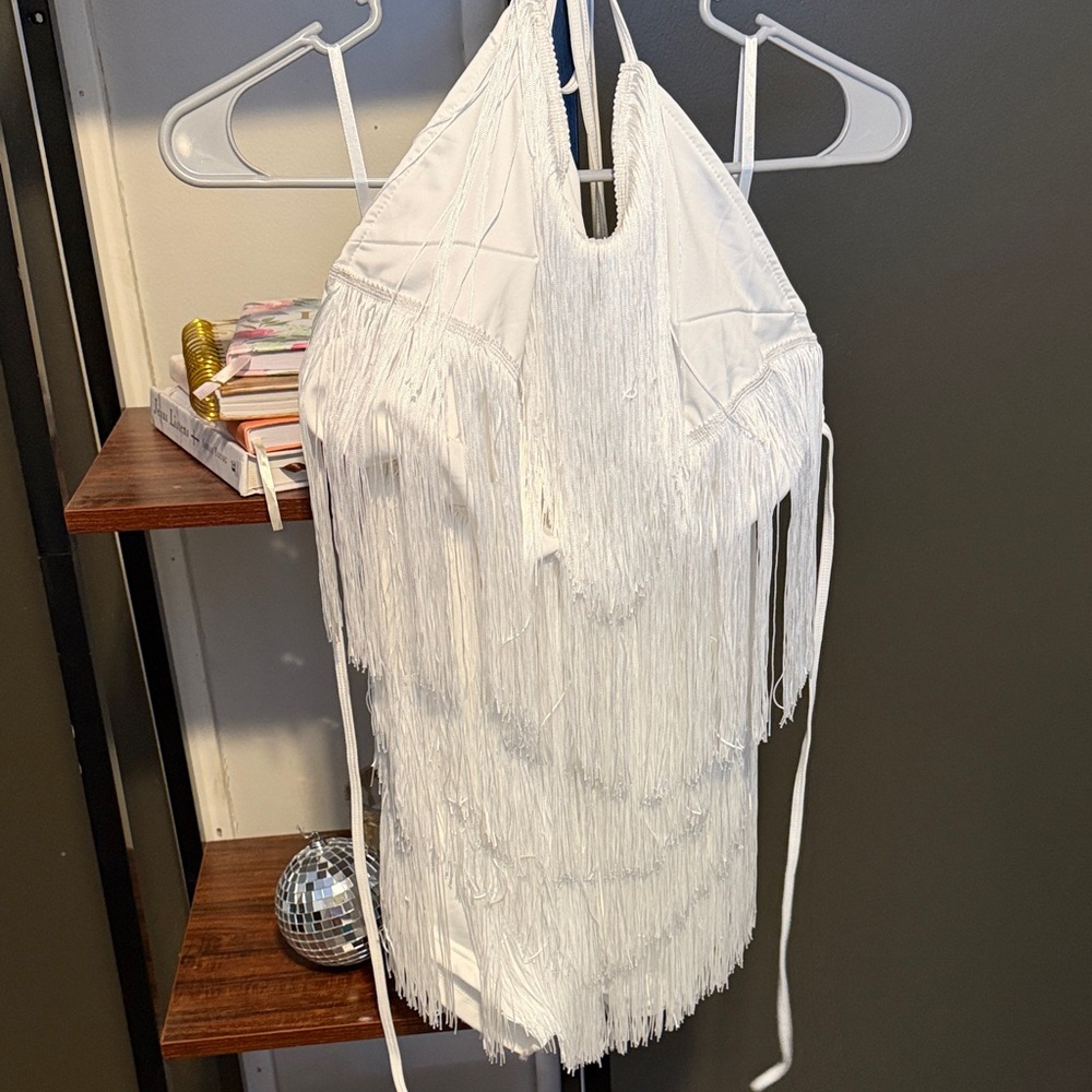White Fringe Halter Dress with Built In Shorts